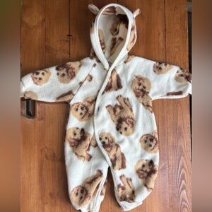 Cozy ‘Vintage’ 90’s Puppy Coverall Print Hooded Baby 6-9 Mos Golden Retrievers